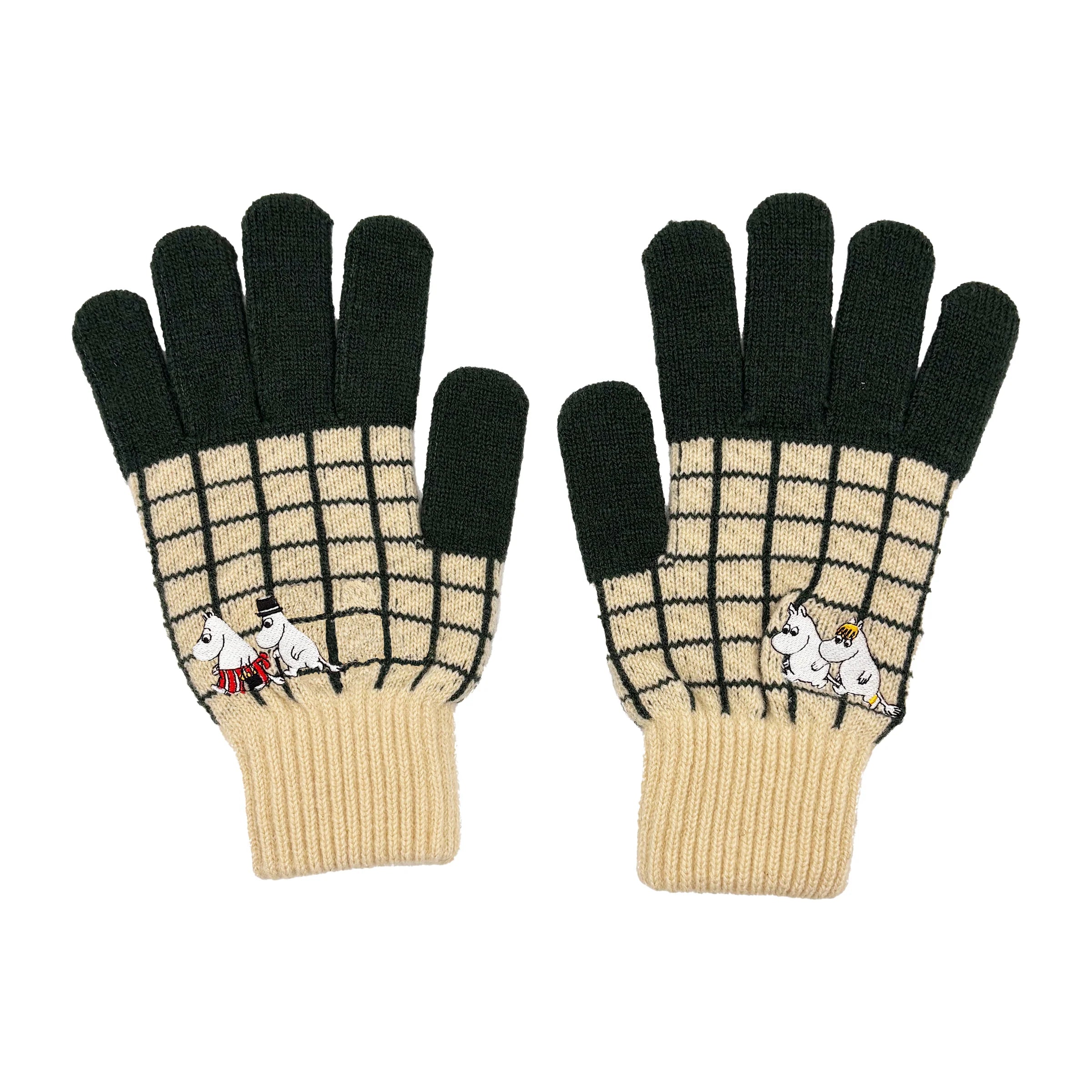 Knitted Moomin Chequered Gloves photographed flat against white background showing embroidered Moomin family.
