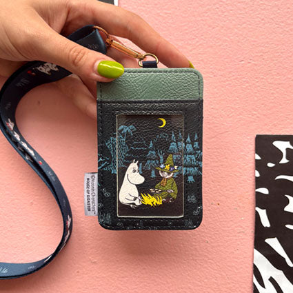 Back of Moomin Forest Lanyard showing clear ID window with Moomin and Snufkin illustration.
