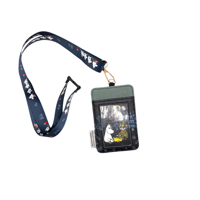 Product image of Moomin Forest Lanyard with strap, showing forest scene and characters on white background.
