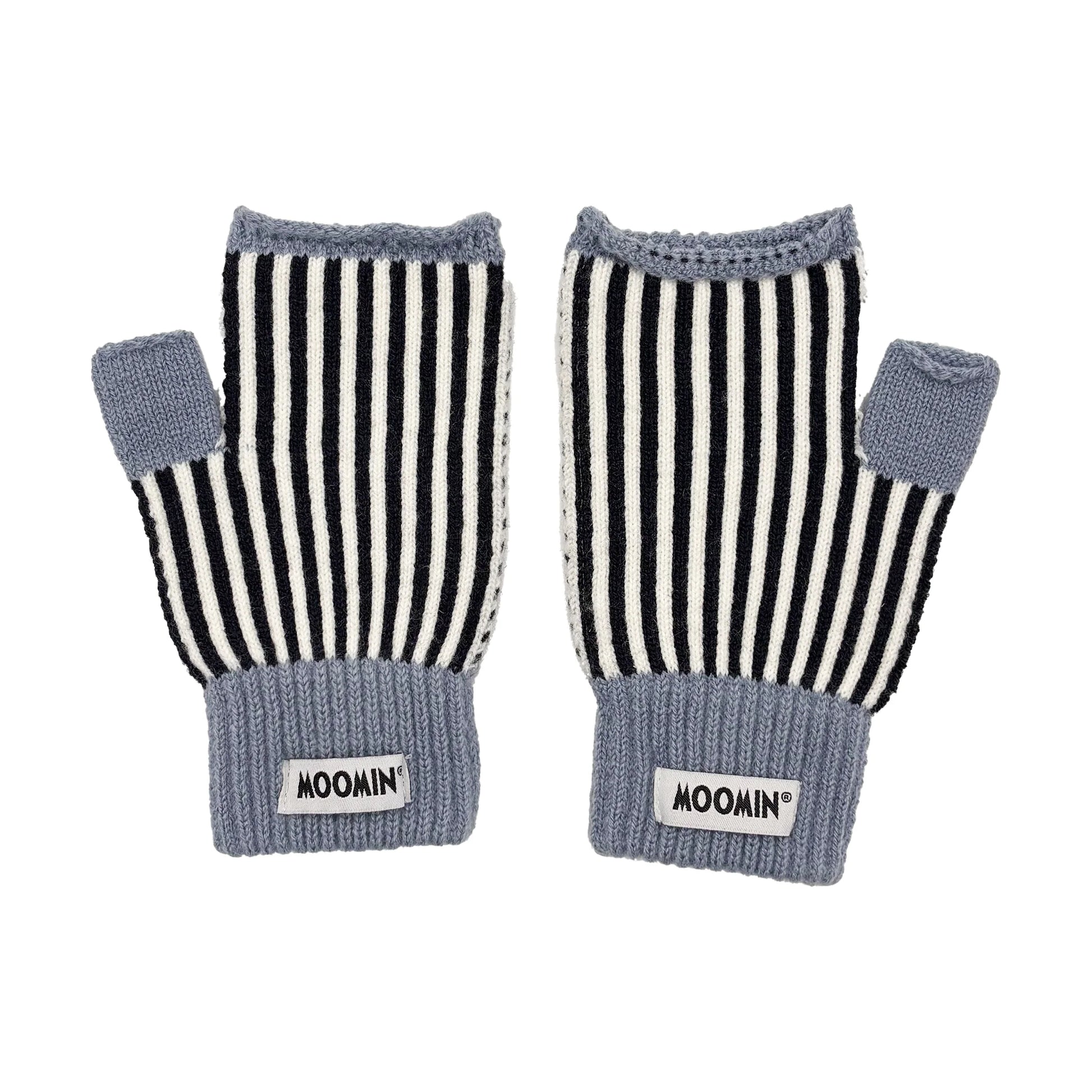 Rear view of Moomin Herringbone Gloves with black and white stripes and Moomin label.

