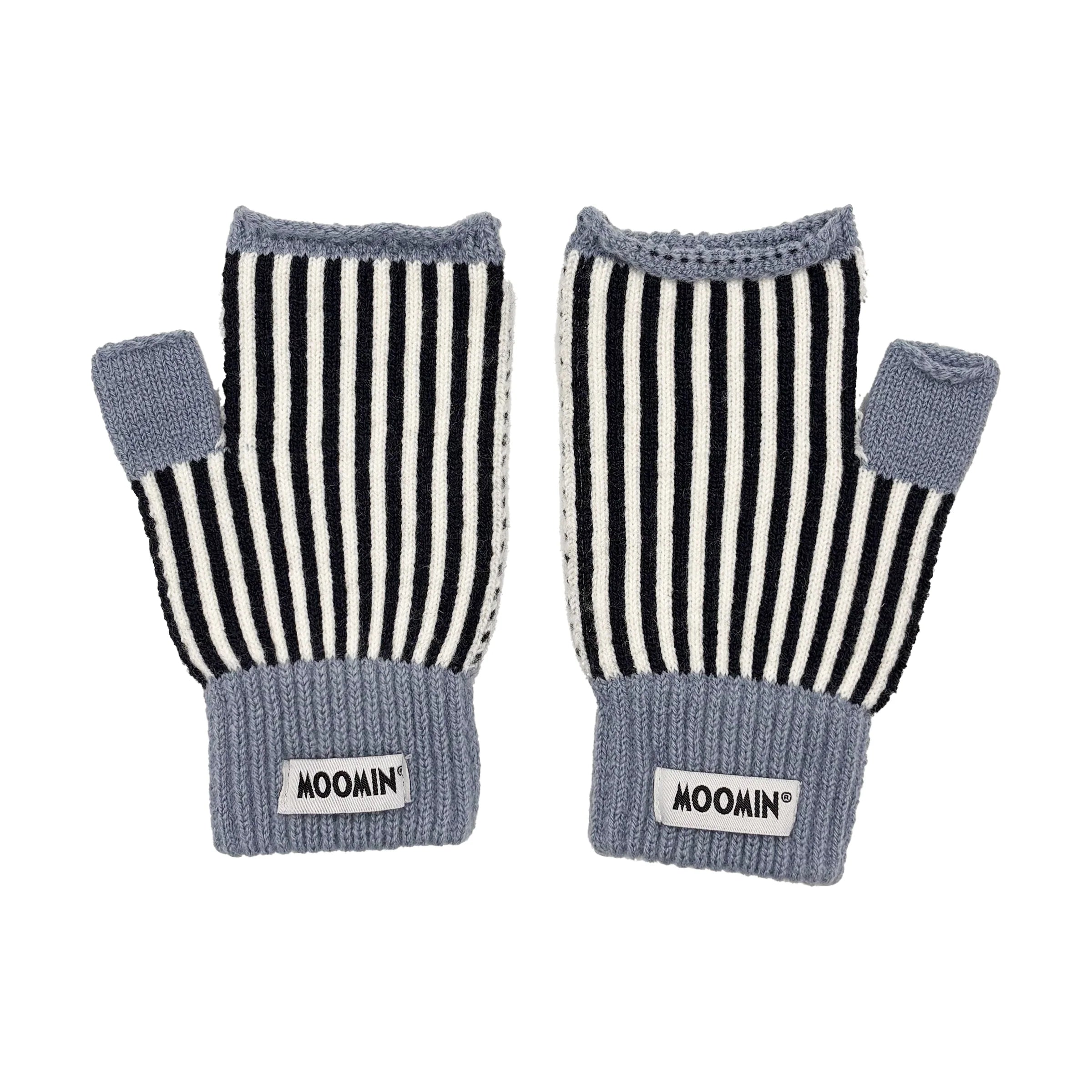 Rear view of Moomin Herringbone Gloves with black and white stripes and Moomin label.

