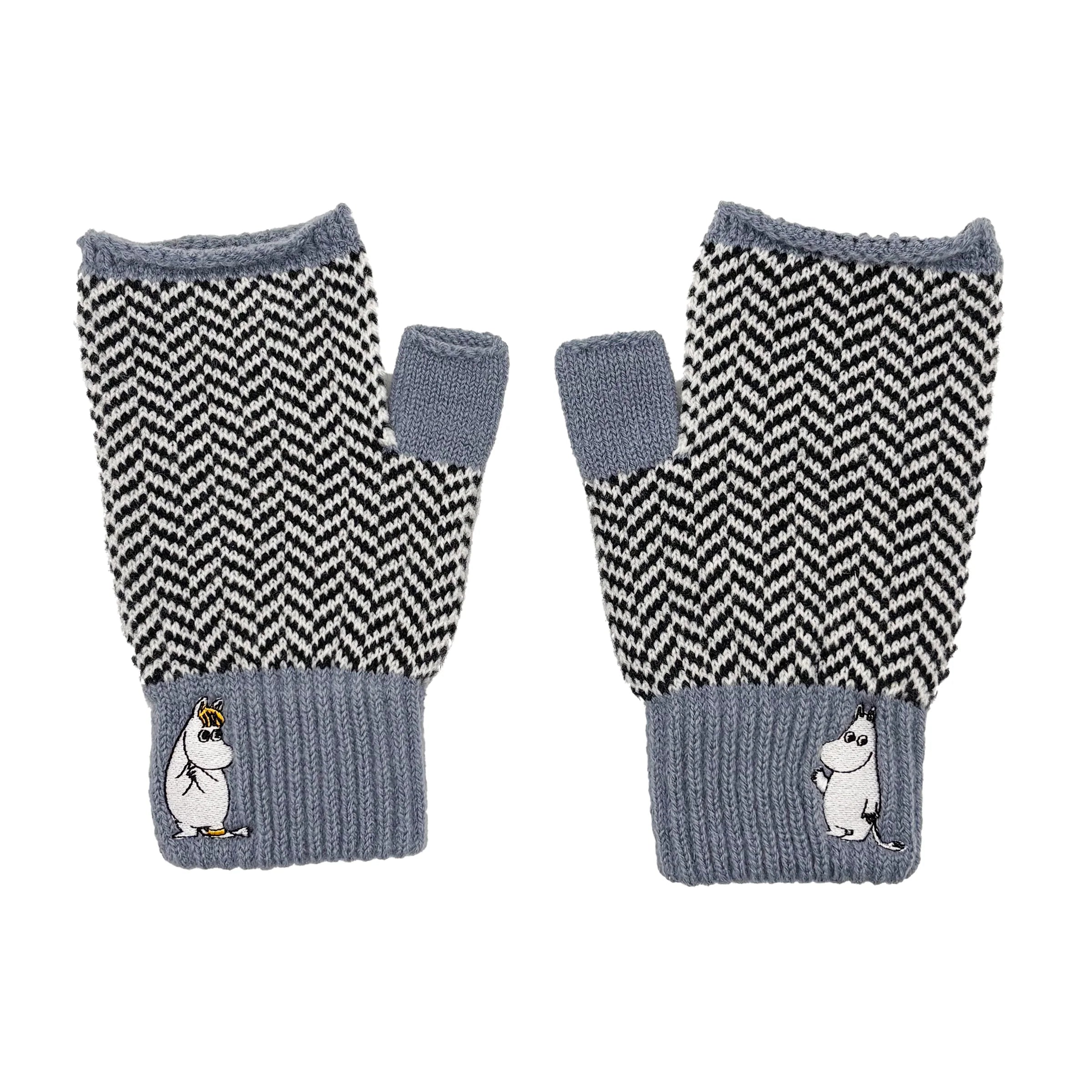 Flat lay of Moomin Herringbone Gloves showing Moomin character embroidery and monochrome design.
