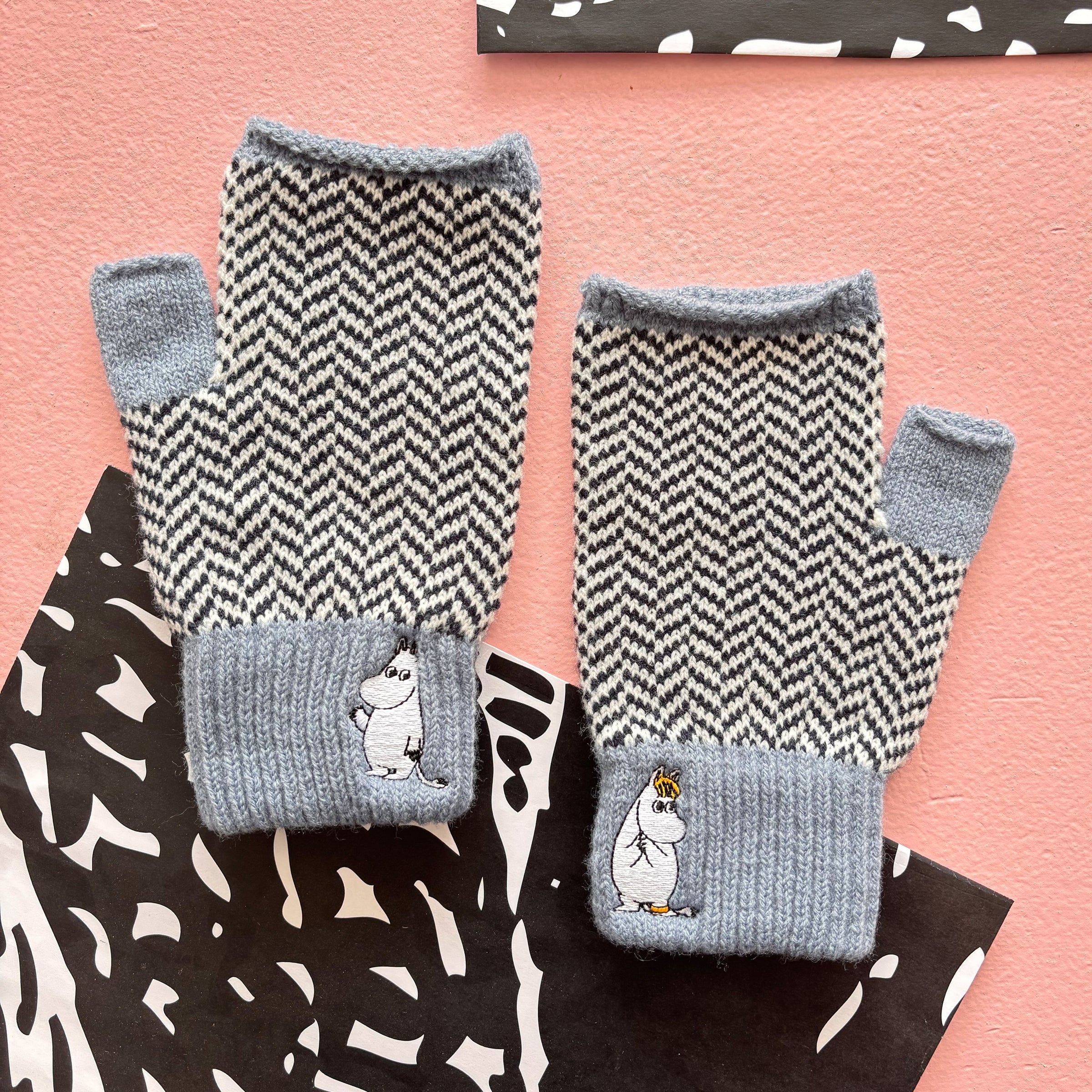 Pair of Moomin Herringbone Gloves laid flat showing front and back patterns with embroidered details.