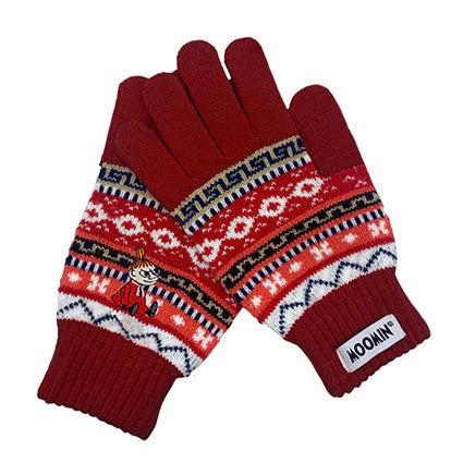 Pair of red Moomin Little My Fair Isle knit gloves crossed.