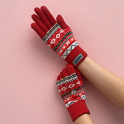 Moomin Little My Fair Isle gloves in red knit worn on hands.