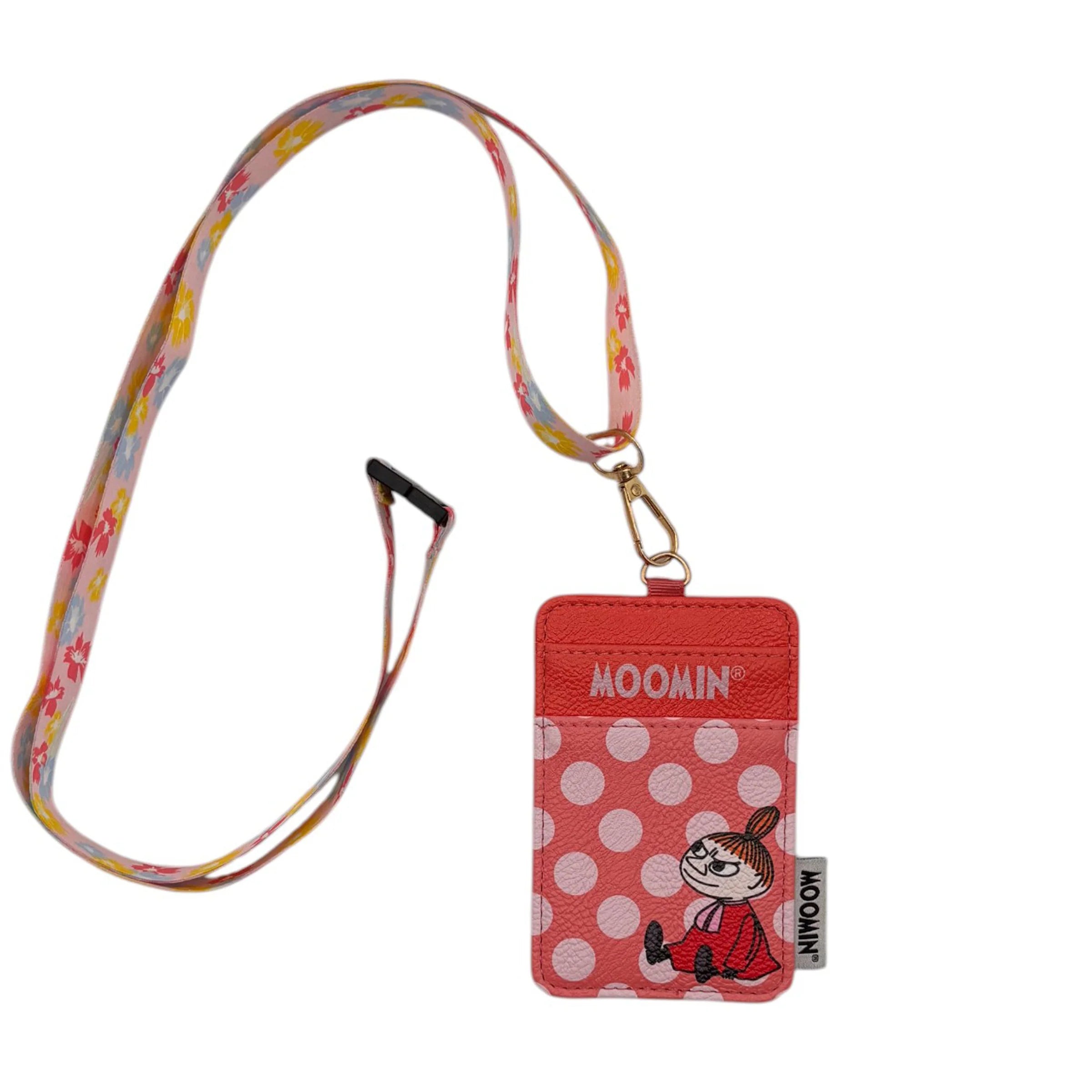 Product image of Moomin Little My Lanyard with floral strap and pink polka dot design on white background.
