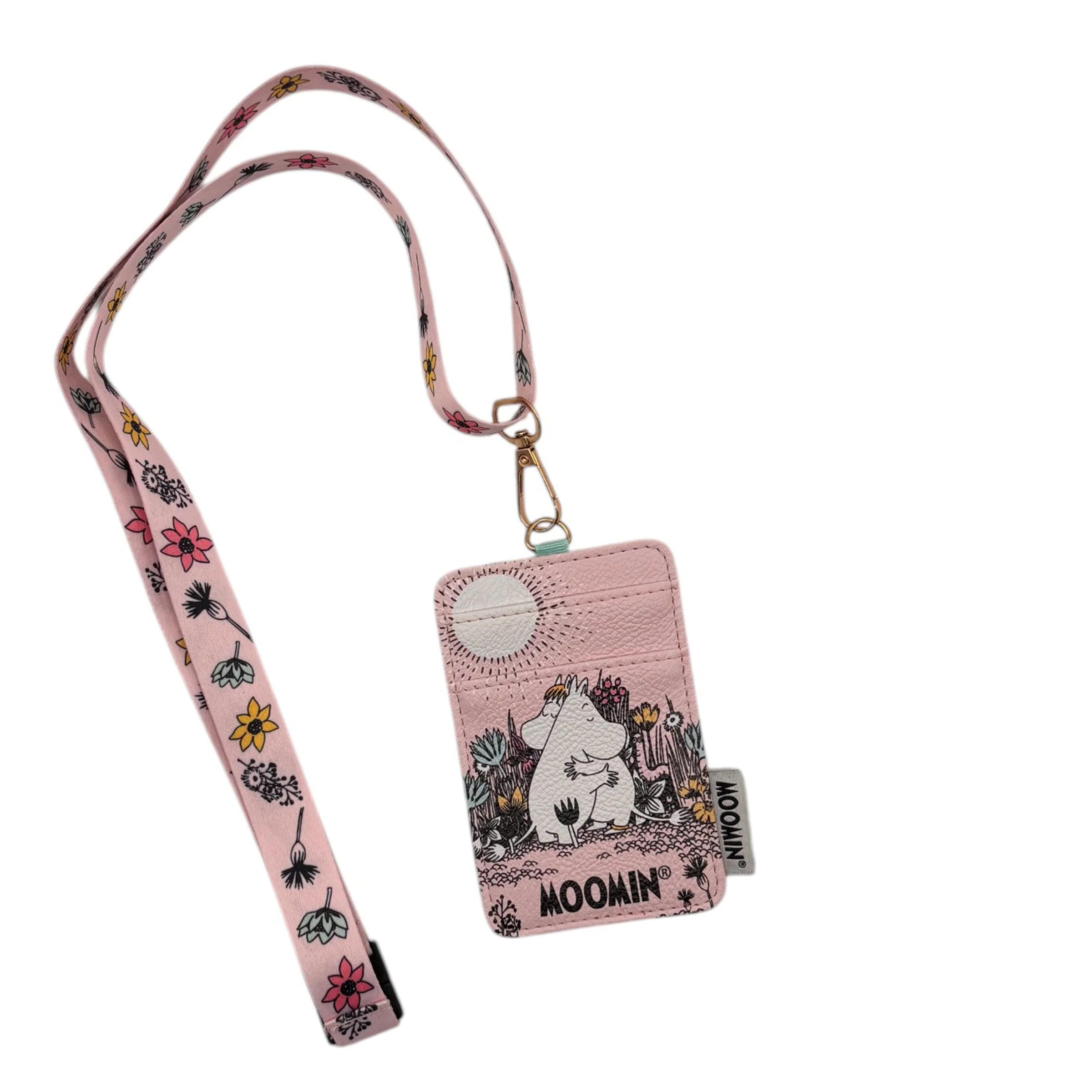 Back view of Moomin Love Lanyard showing transparent ID slot and romantic design.
