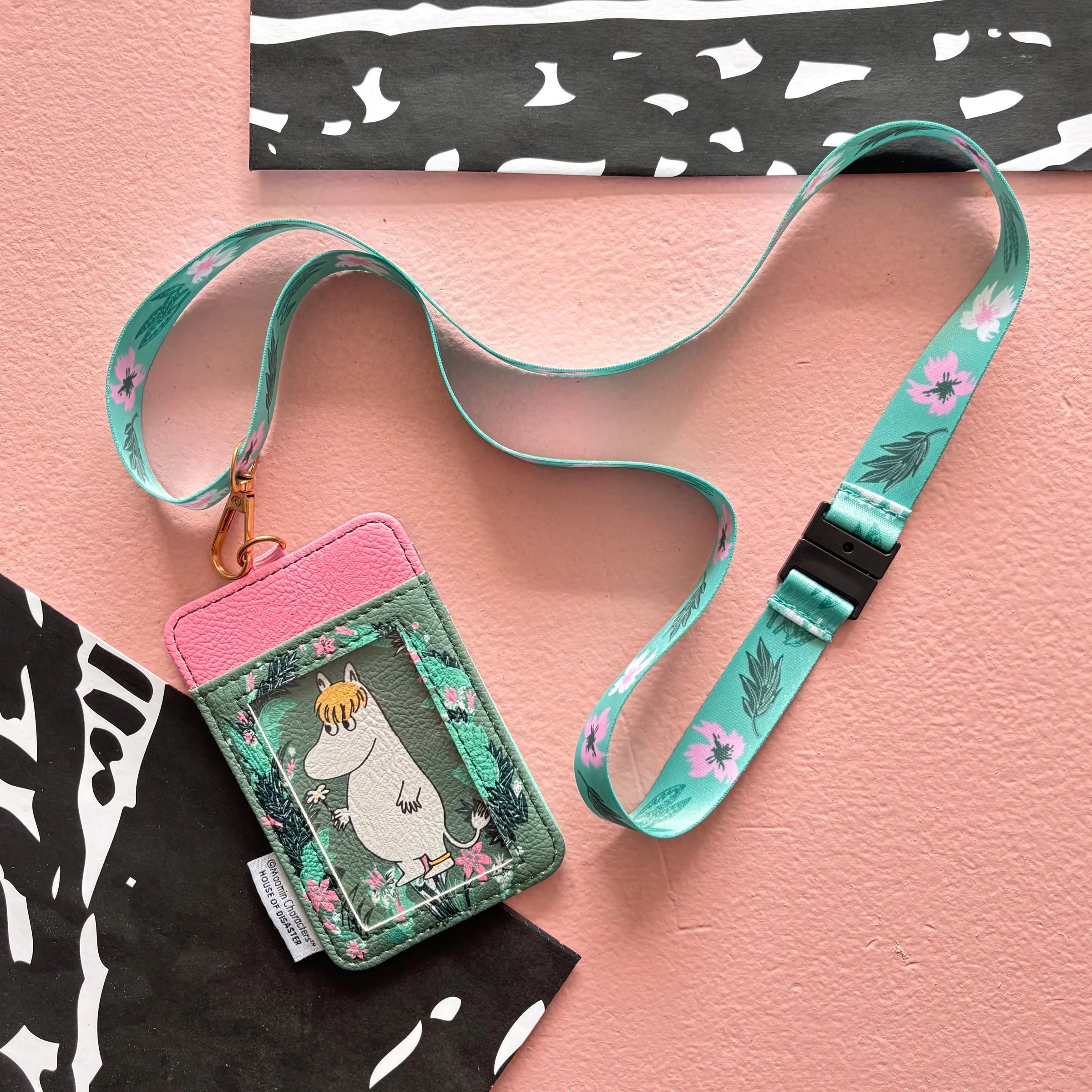 Back view of Moomin Snorkmaiden Lanyard showing clear ID window and floral detailing.
