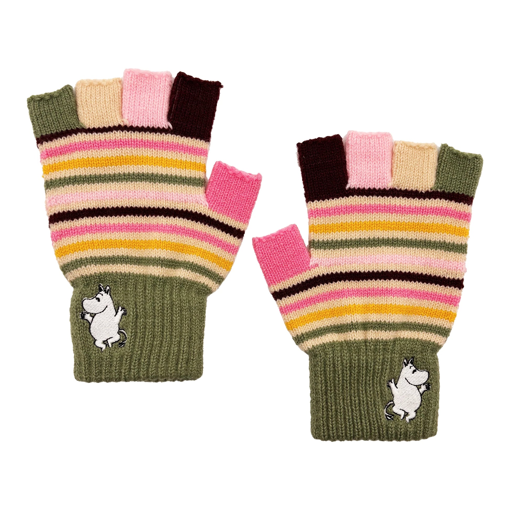Product image of Moomin Stripy Fingerless Gloves photographed flat on white background
