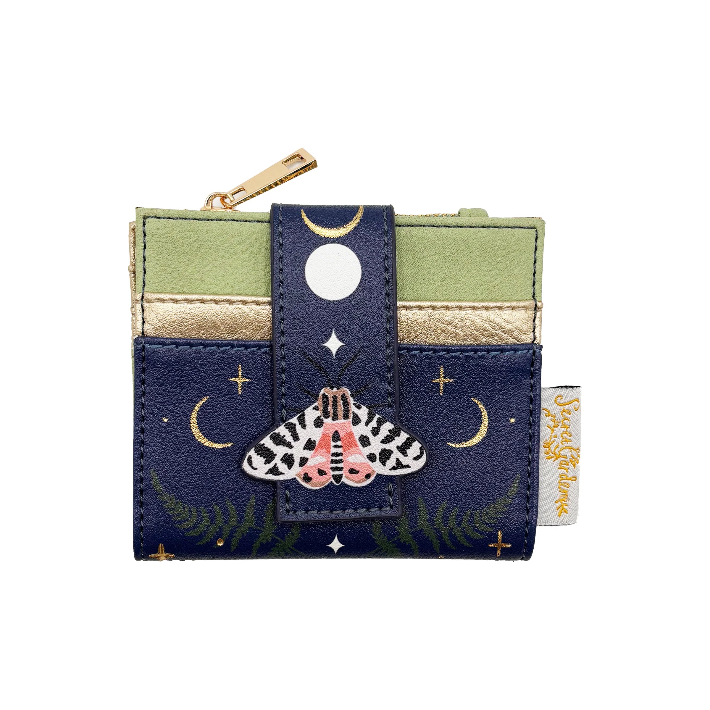 Front view of moth purse with moon and star detailing