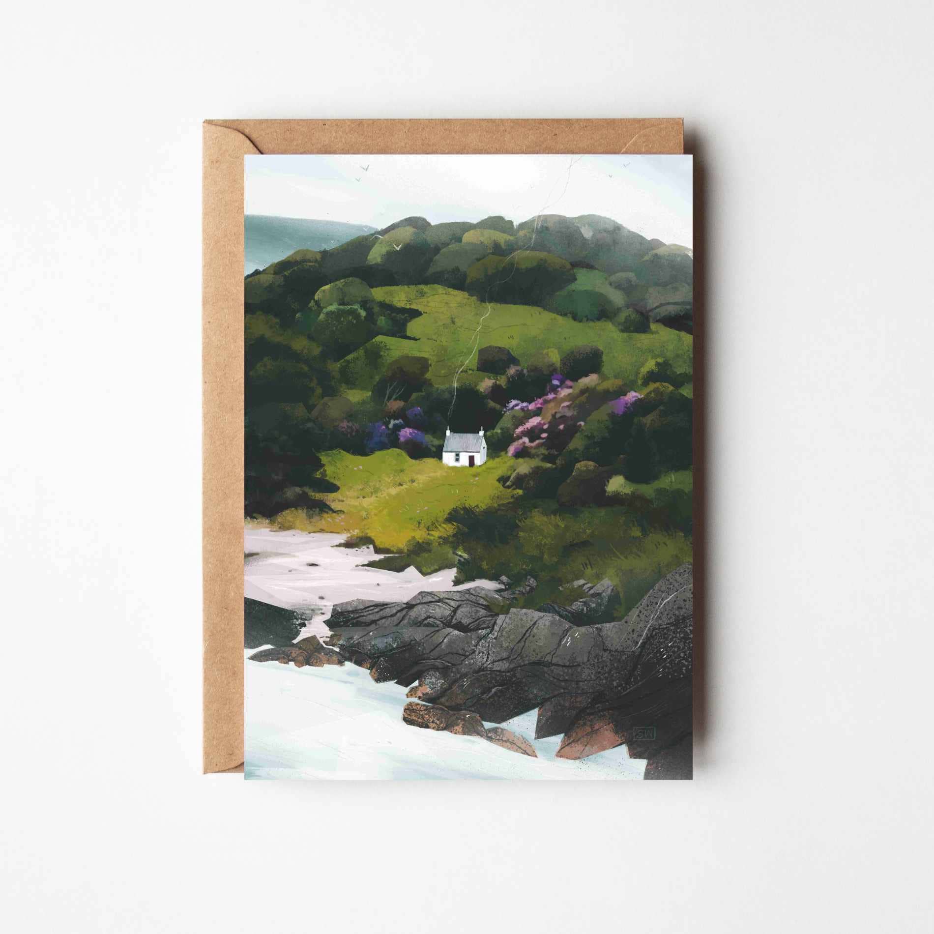 Mull of Kintyre greeting card featuring Sara Willia's windswept coastal landscape artwork with kraft envelope