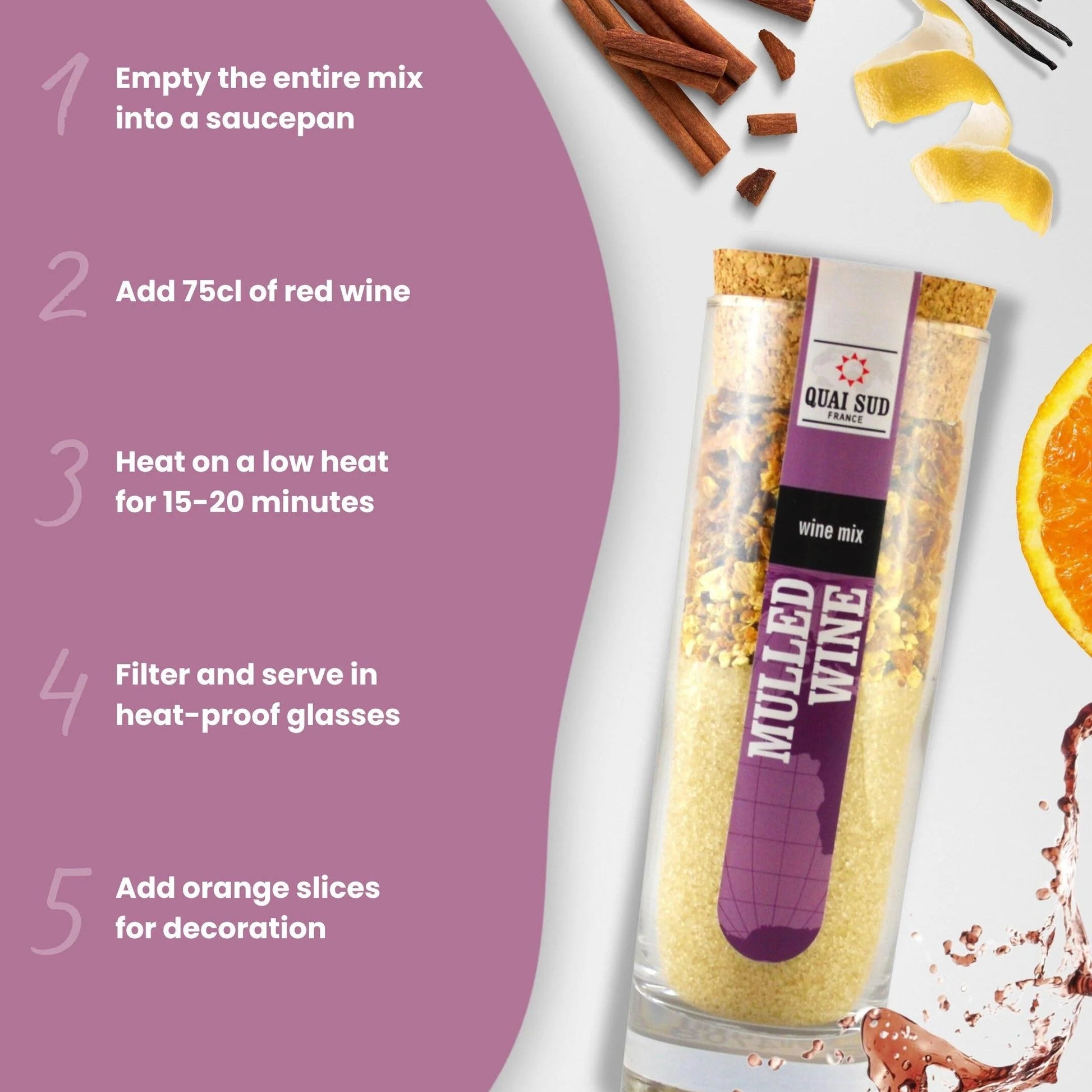 Mulled Wine Cocktail Mix with cinnamon sticks, orange, and recipe guide.