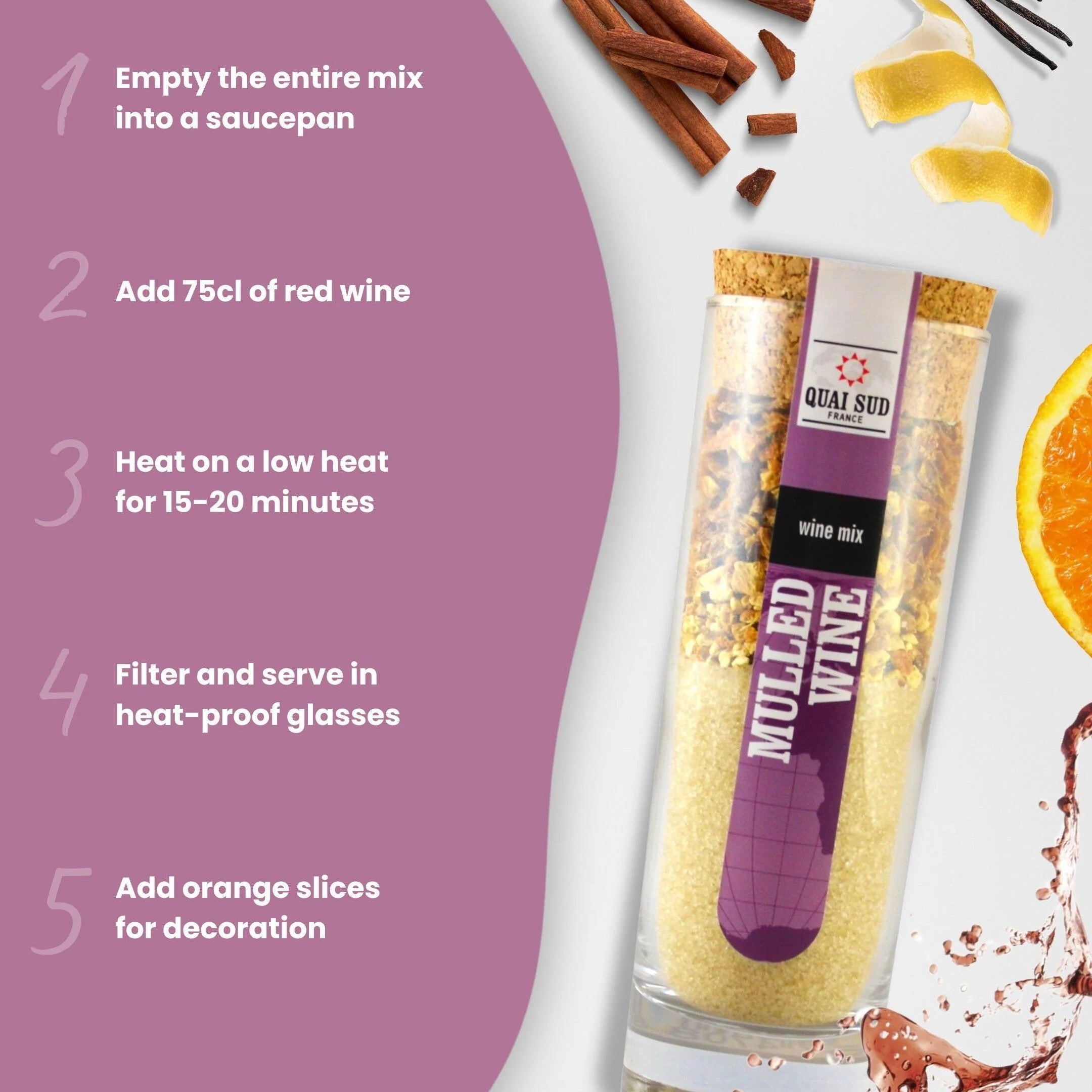 Mulled Wine Cocktail Mix with cinnamon sticks, orange, and recipe guide.