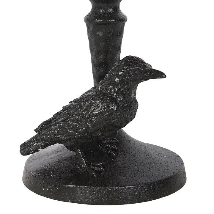 Gothic raven candle holder from side showing feather detail