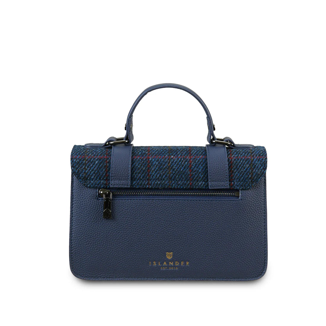 Rear view of navy Harris Tweed medium leather satchel with zip pocket.
