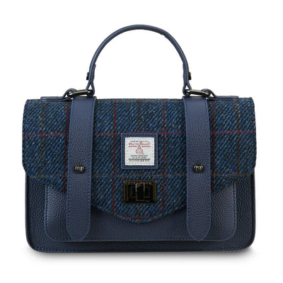 Navy Over-Check Harris Tweed Medium Leather Satchel