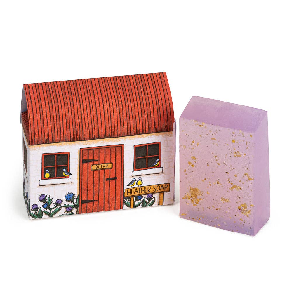 Neon Magpie Bothy soap packaging showing charming highland bothy illustration.