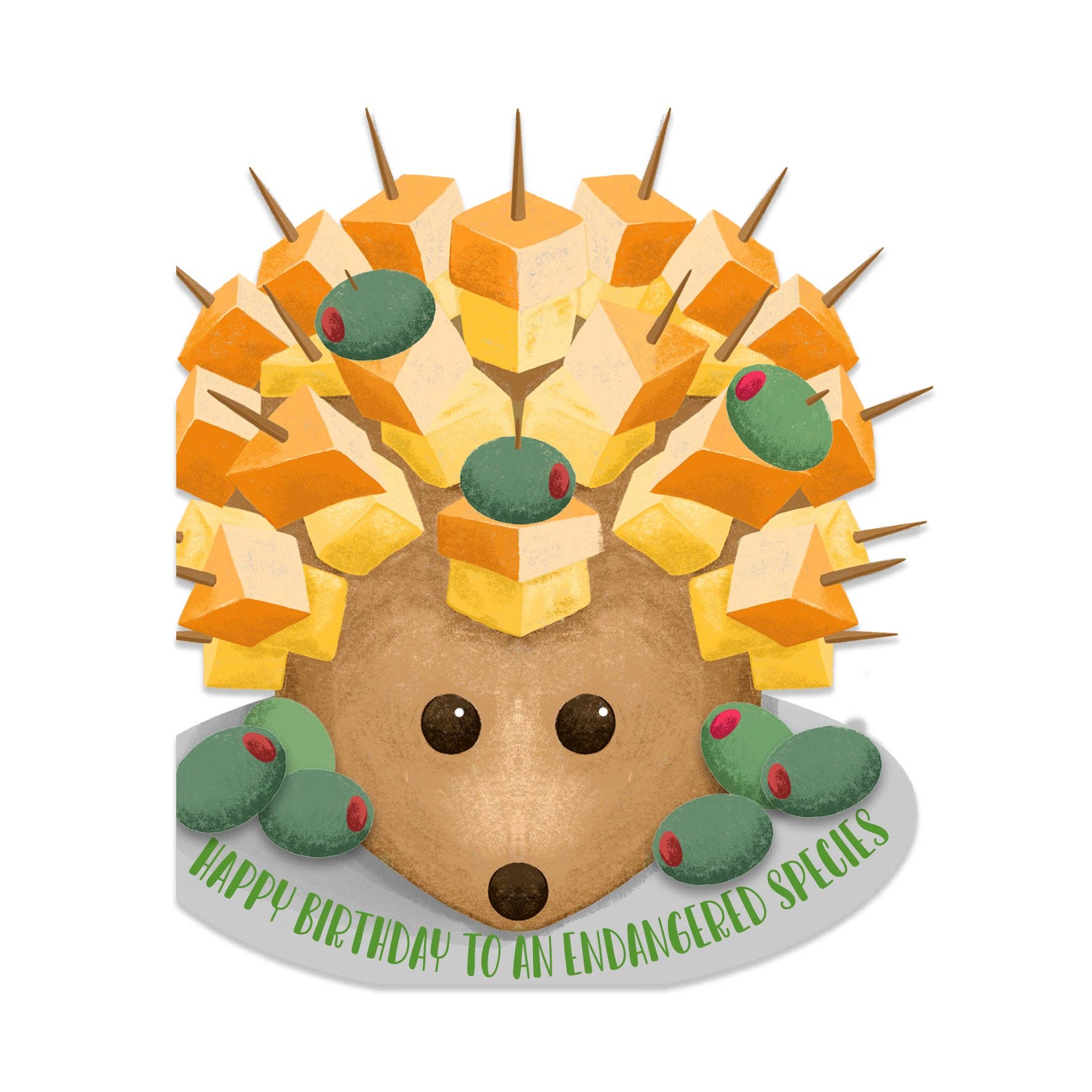 Cheese hedgehog die-cut birthday card front view on white background