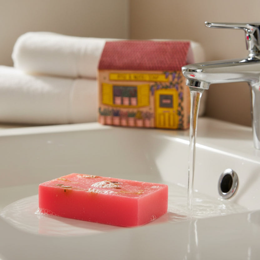 Florist illustrated bar soap with charming flower shop scene - front packaging view.