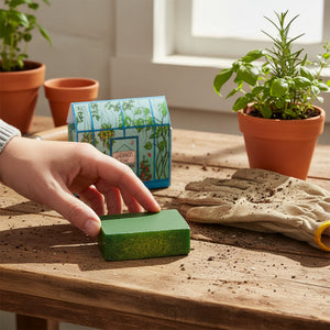 Greenhouse illustrated bar soap with botanical design - front view of packaging.