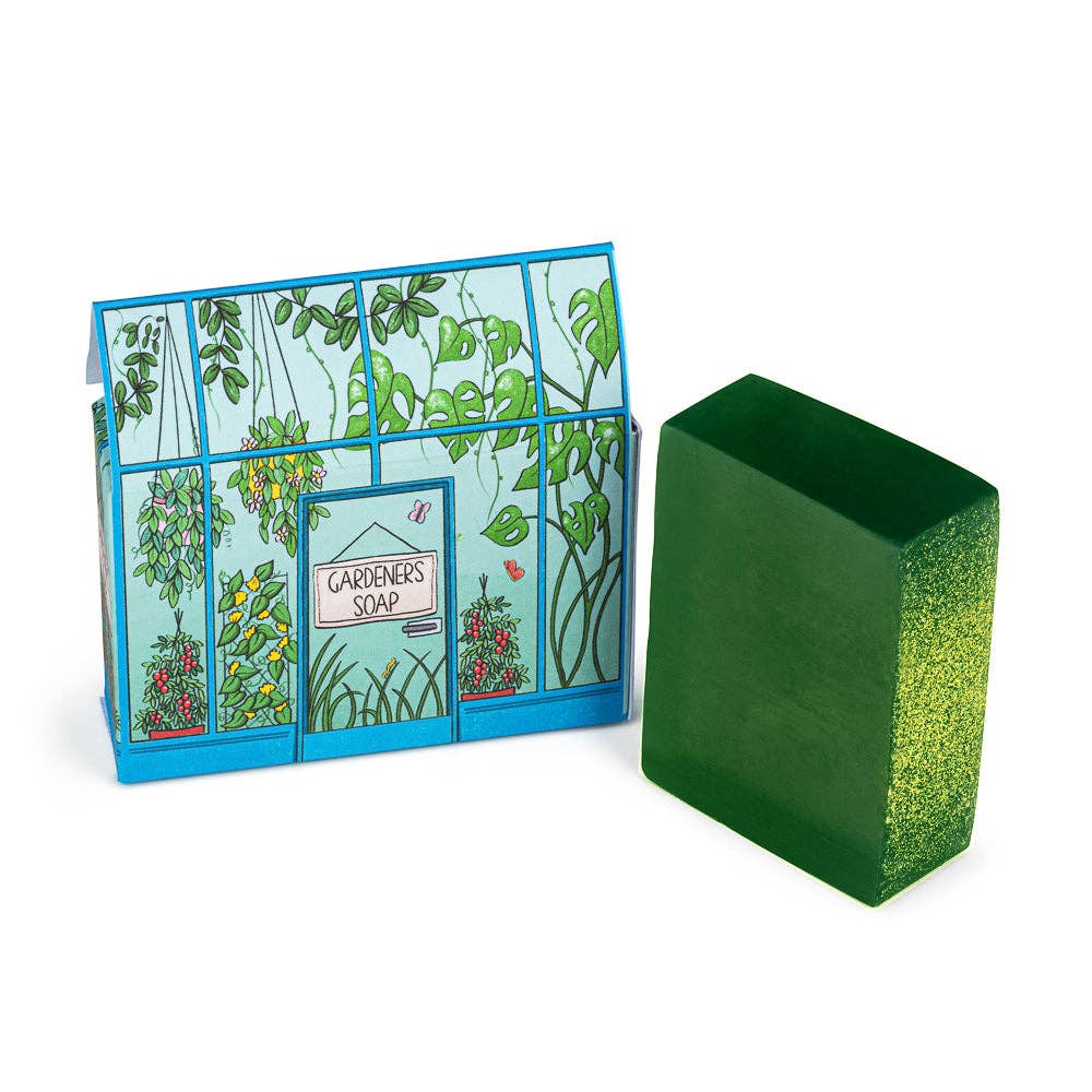 Neon Magpie Greenhouse soap showing charming illustrated greenhouse scene.