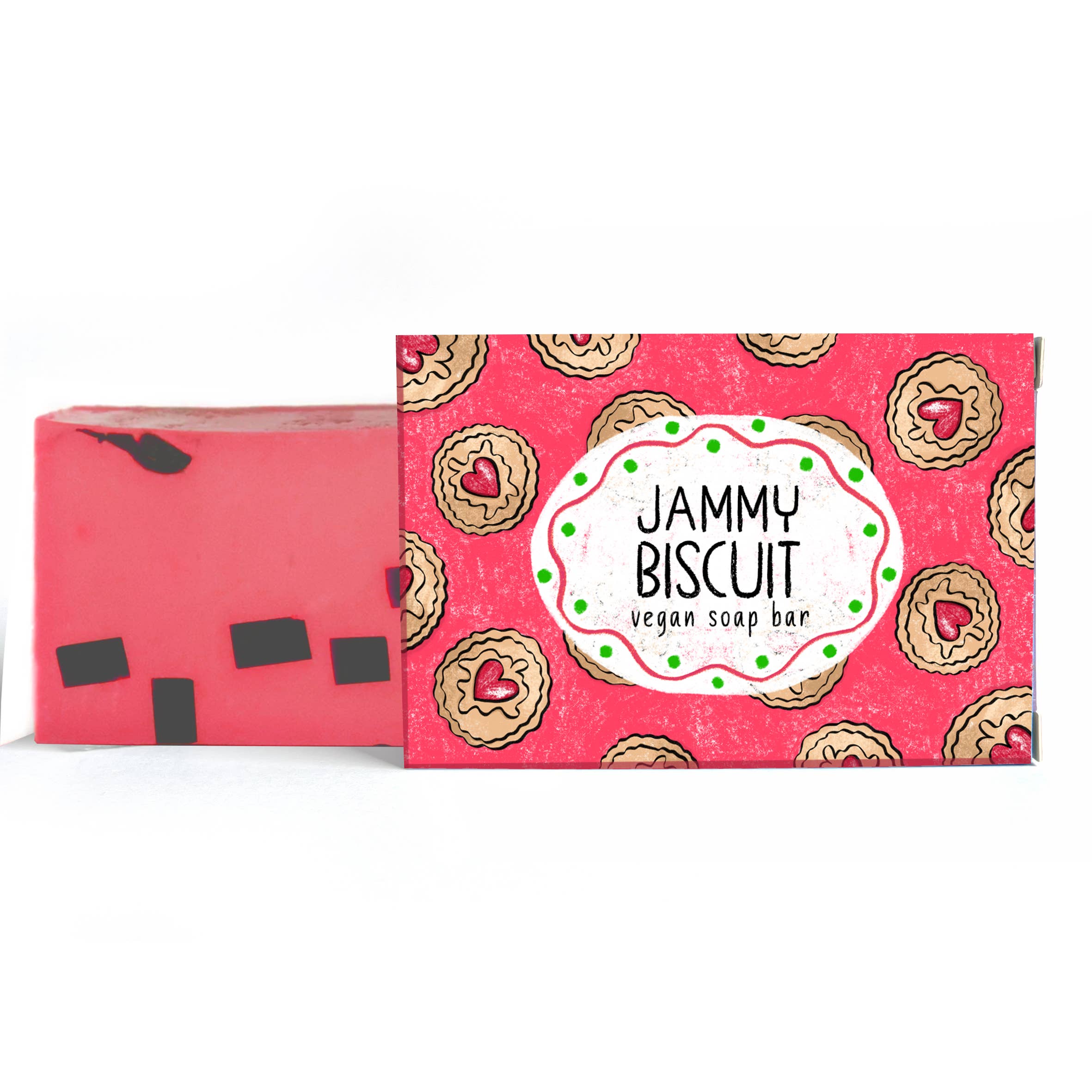 Jammy biscuit soap bar with illustrated pink box on white background