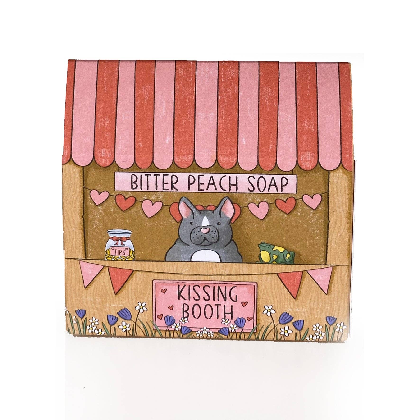 Neon Magpie Kissing Booth soap packaging showing illustrated kissing booth design.