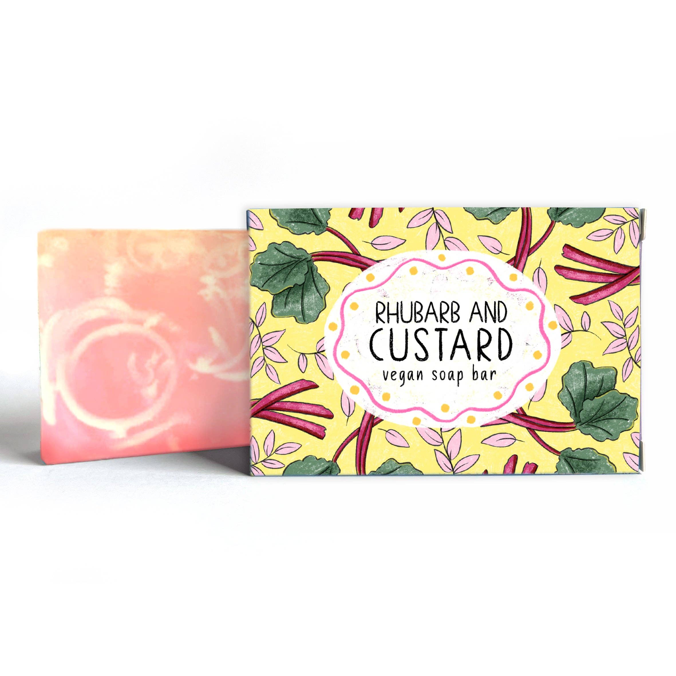 Rhubarb and custard soap with illustrated yellow-green box on white background