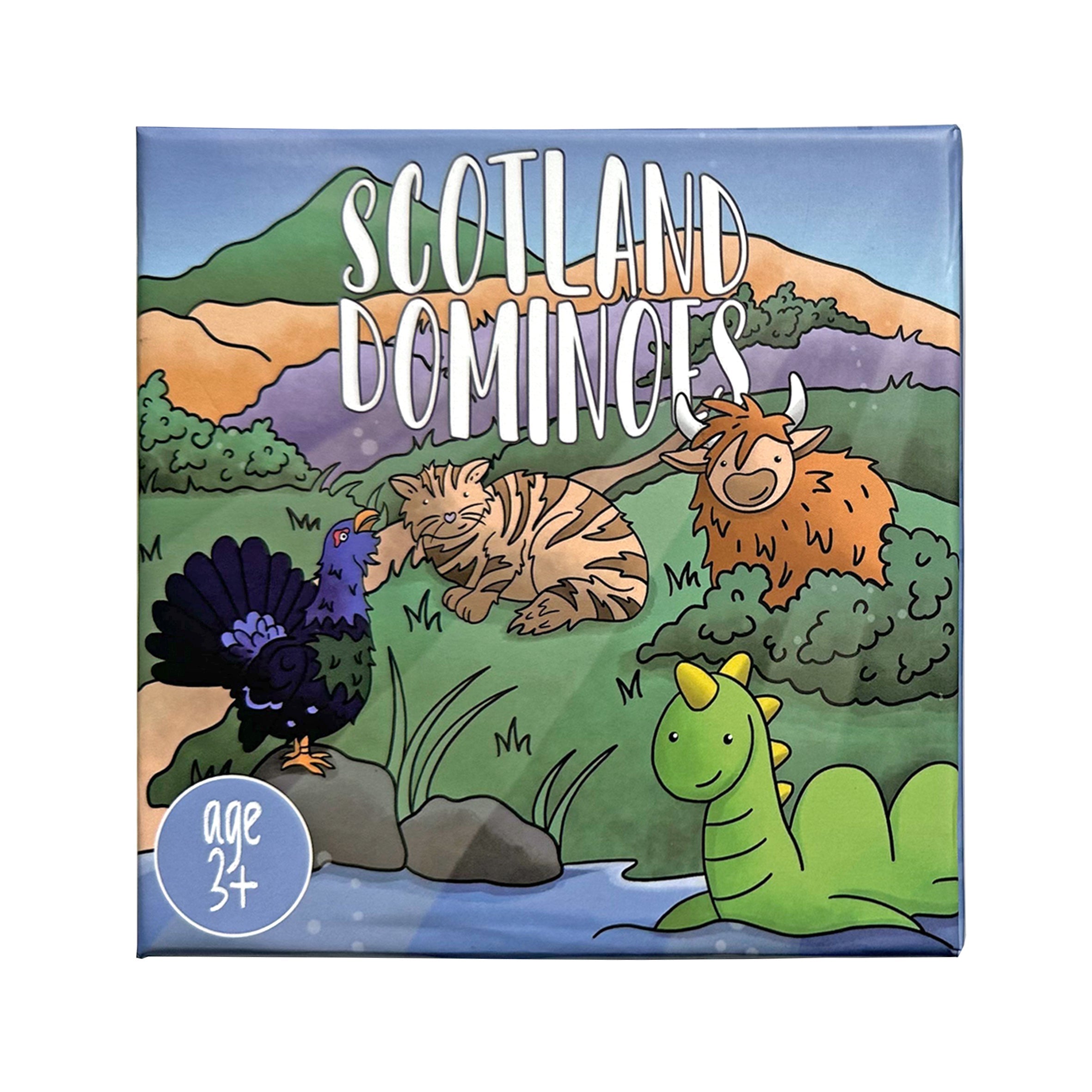Scotland Dominoes illustrated box front with Highland cow and Nessie on white