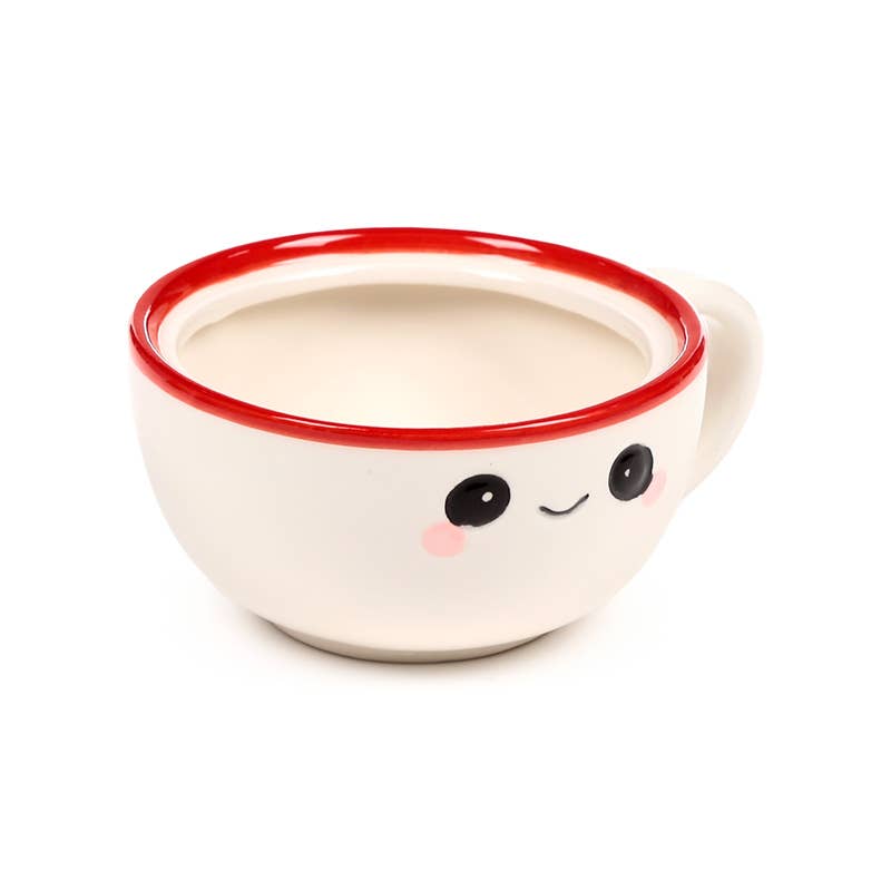 Nori the Ramen Ceramic Mug with red rim and smiling face on white base.