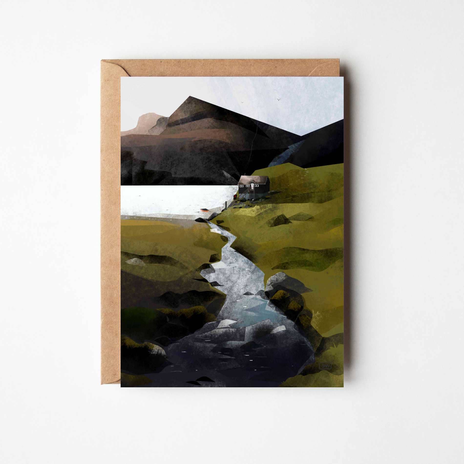 Northern Island Residence greeting card featuring Sara Willia's Faroe Islands landscape artwork with kraft envelope