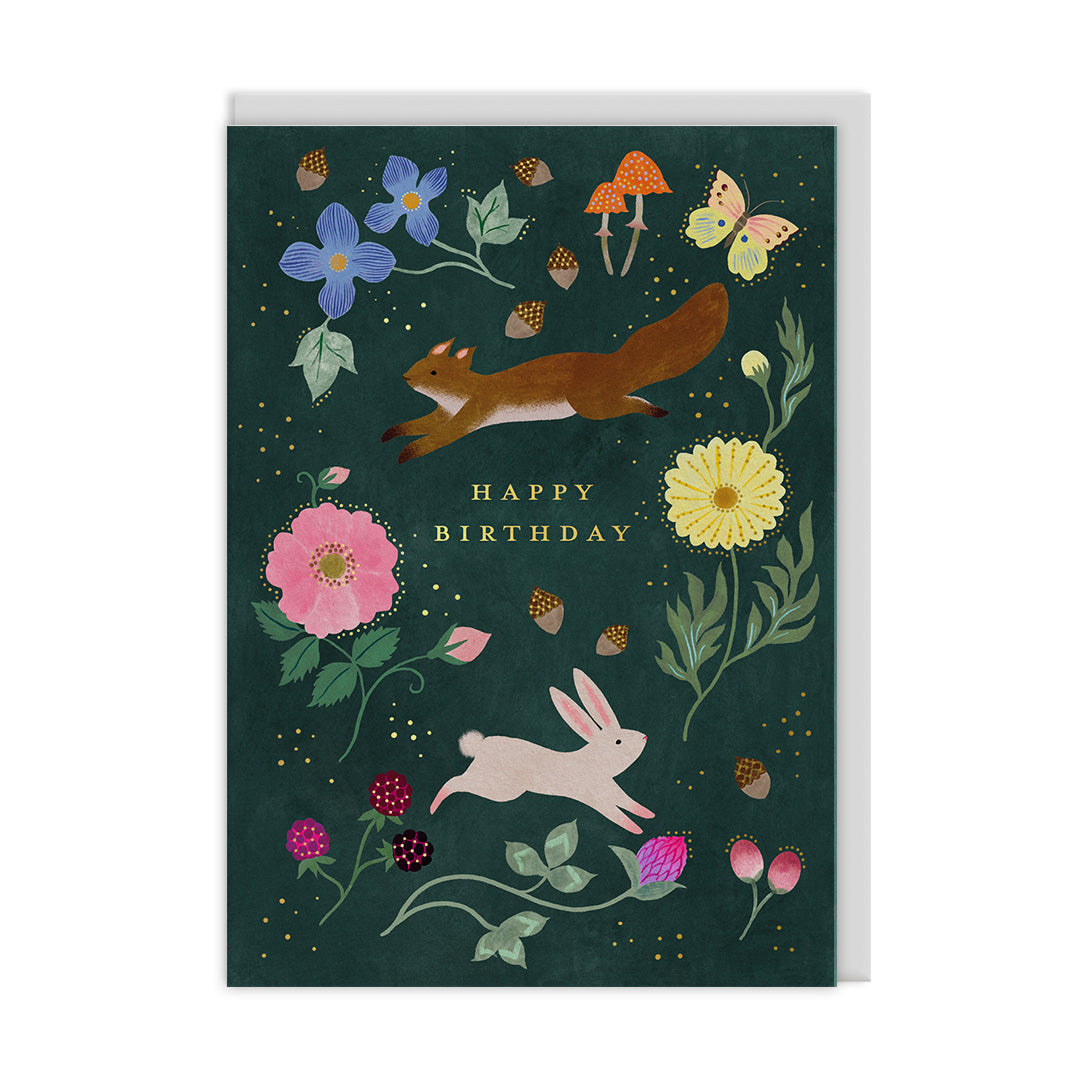 Ohh Deer Woodland Creatures gold foil greeting card with an illustrated woodland scene