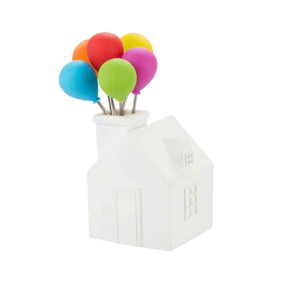 Front view of ceramic balloon house stand with all six snack forks