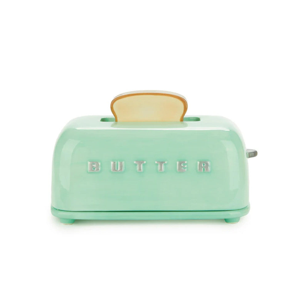 Front view of closed turquoise toaster dish on white background