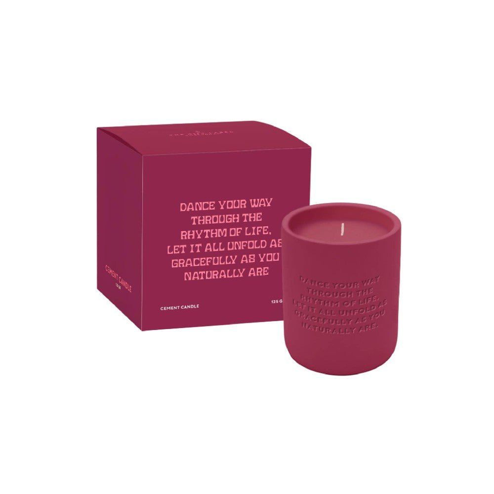 Burgundy cement candle with matching burgundy gift box on white