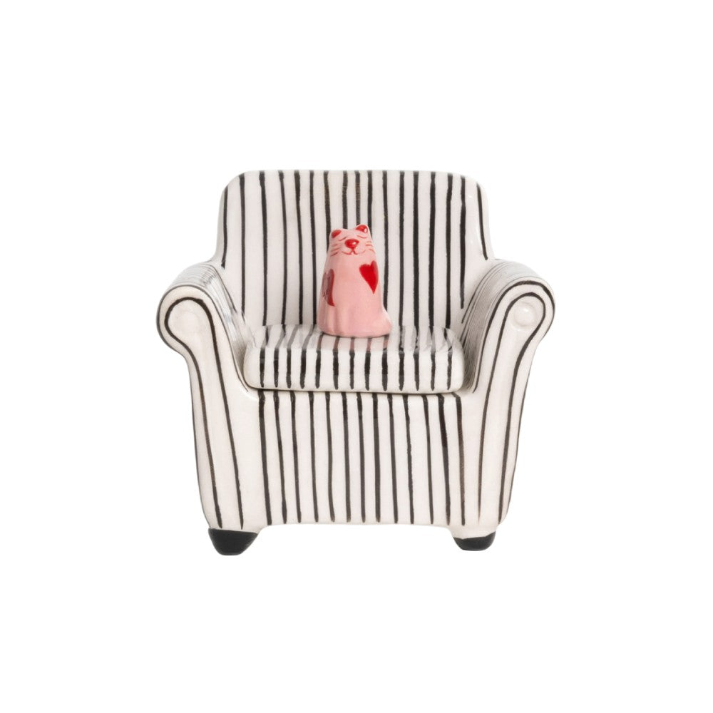 Front view of striped sofa trinket box with pink cat