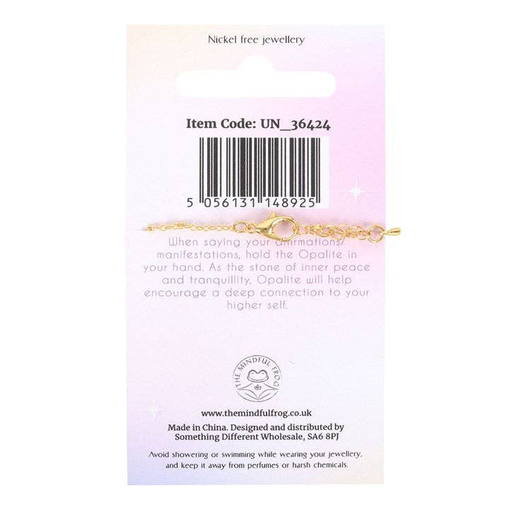Back of Opalite Manifestation Necklace packaging with affirmation text describing the calming and spiritual qualities of opalite stone.