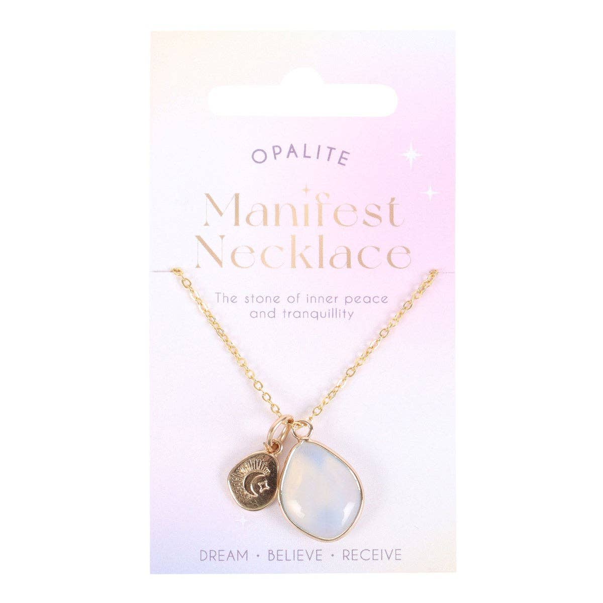 Opalite Manifestation Necklace with gold chain and teardrop opalite pendant displayed on mindfulness card reading “The stone of inner peace and tranquillity.”