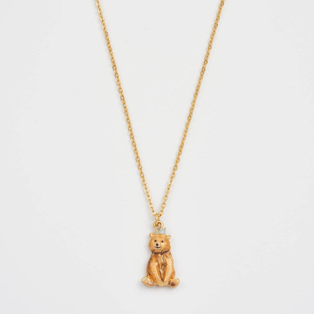 Party Bear pendant necklace front view on fine gold chain.