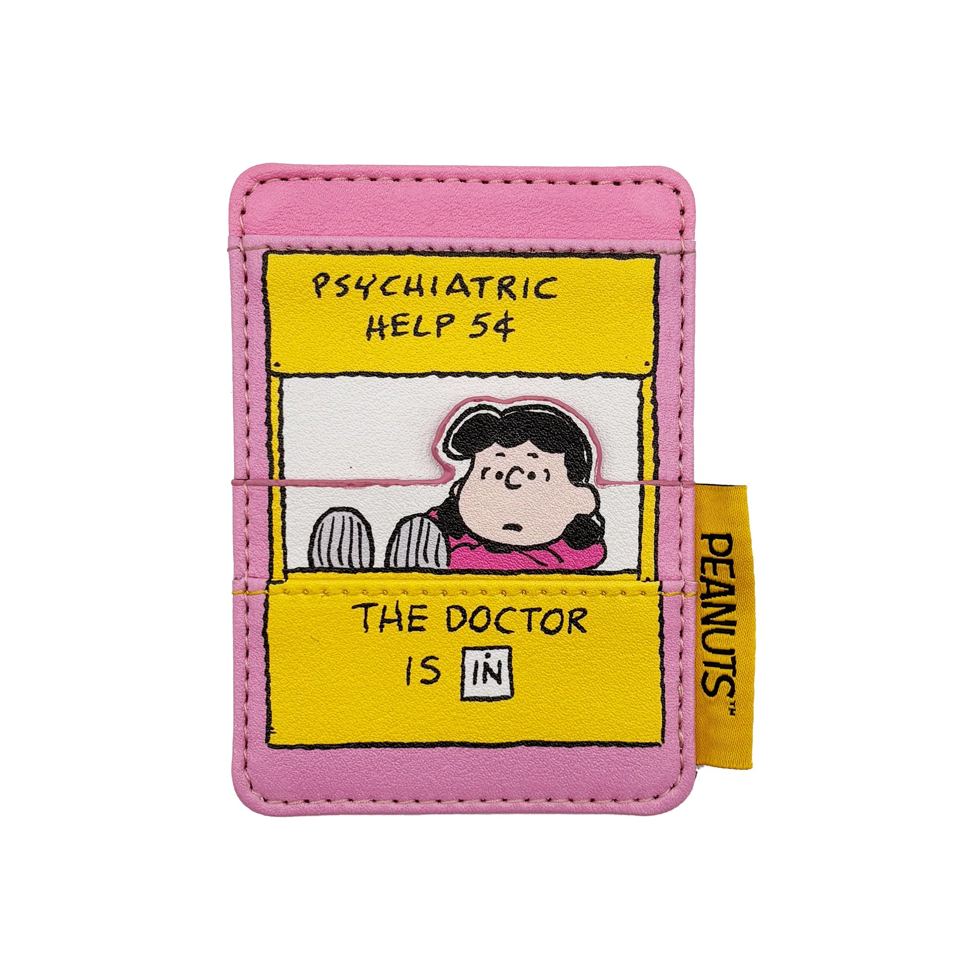 Front view of Peanuts Lucy Cardholder featuring Lucy illustration and Peanuts yellow tag.