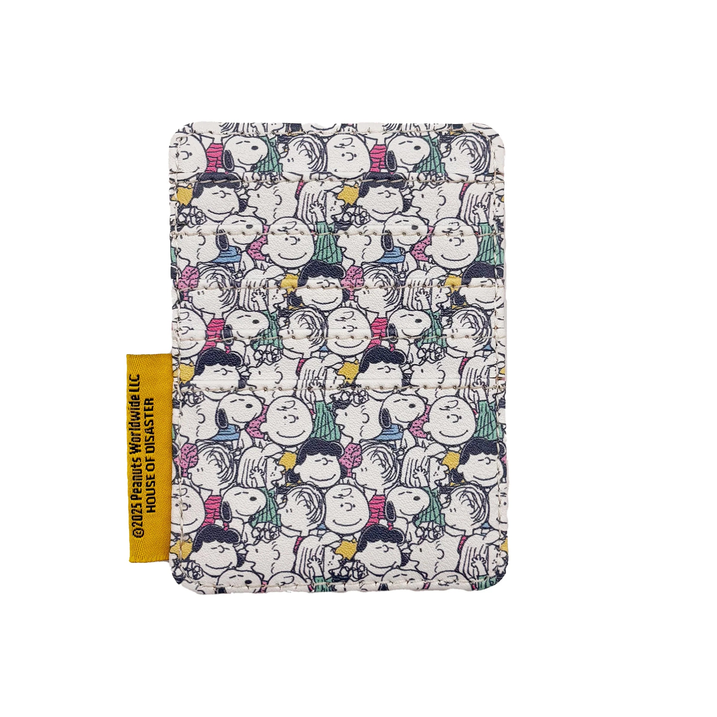 Back view of Peanuts Lucy Cardholder with comic-style print of Peanuts characters.