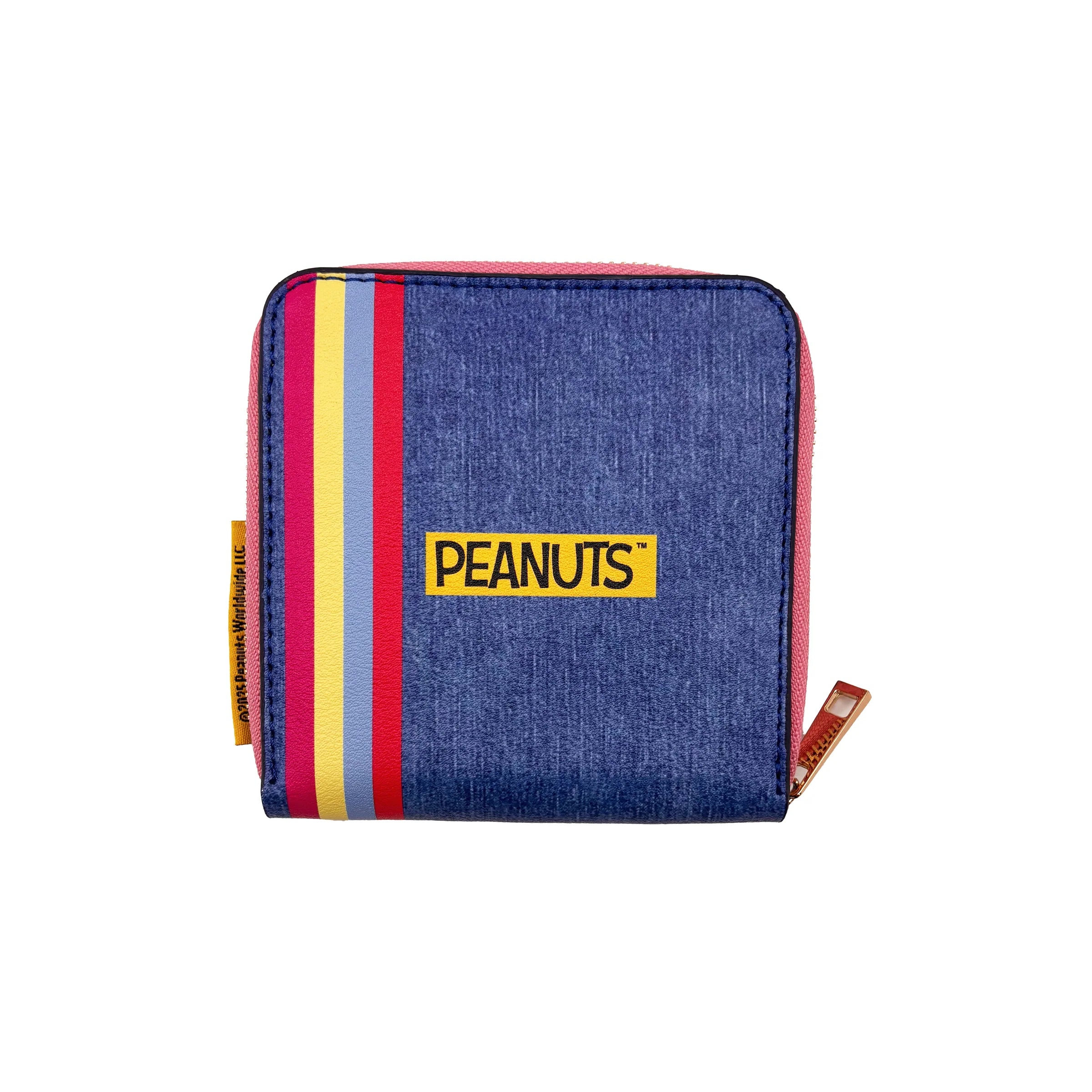 Back of Peanuts zip purse with striped detail and logo
