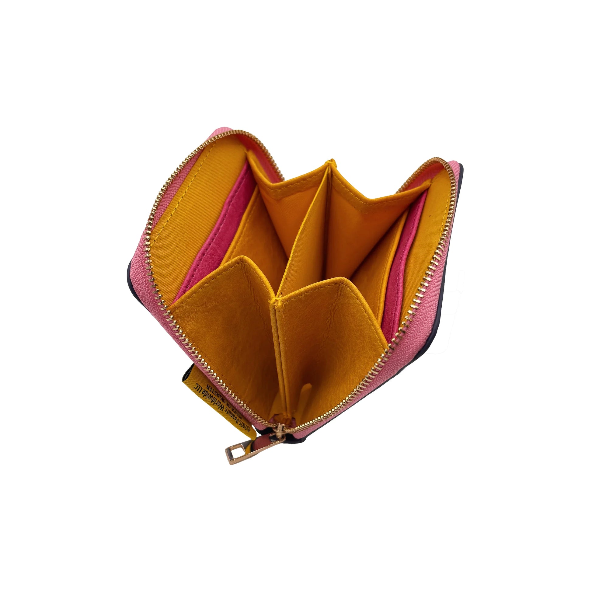 Open Peanuts zip purse with yellow and pink interior