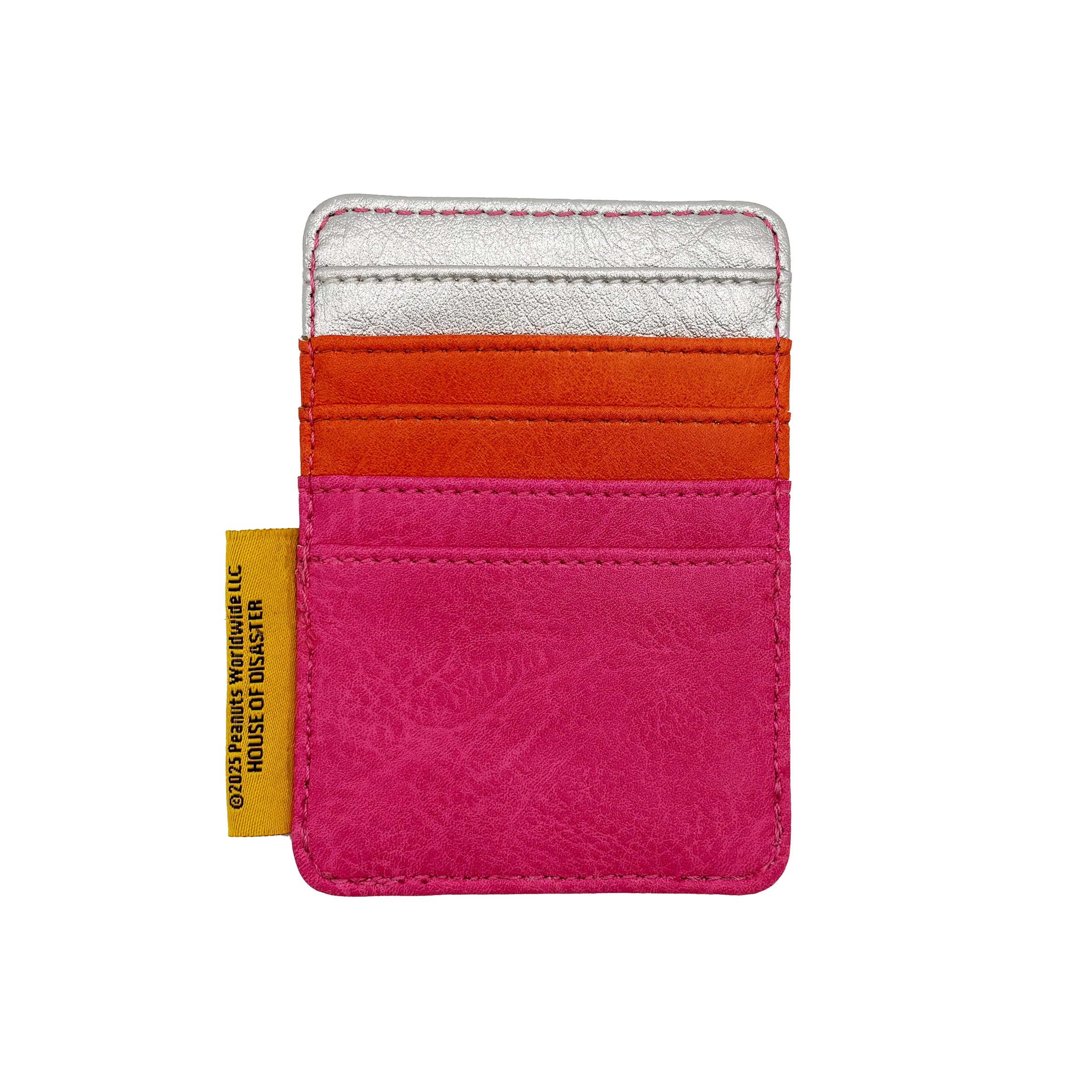 Back view of Peanuts Rockstar Cardholder with pink, orange, and silver card slots.