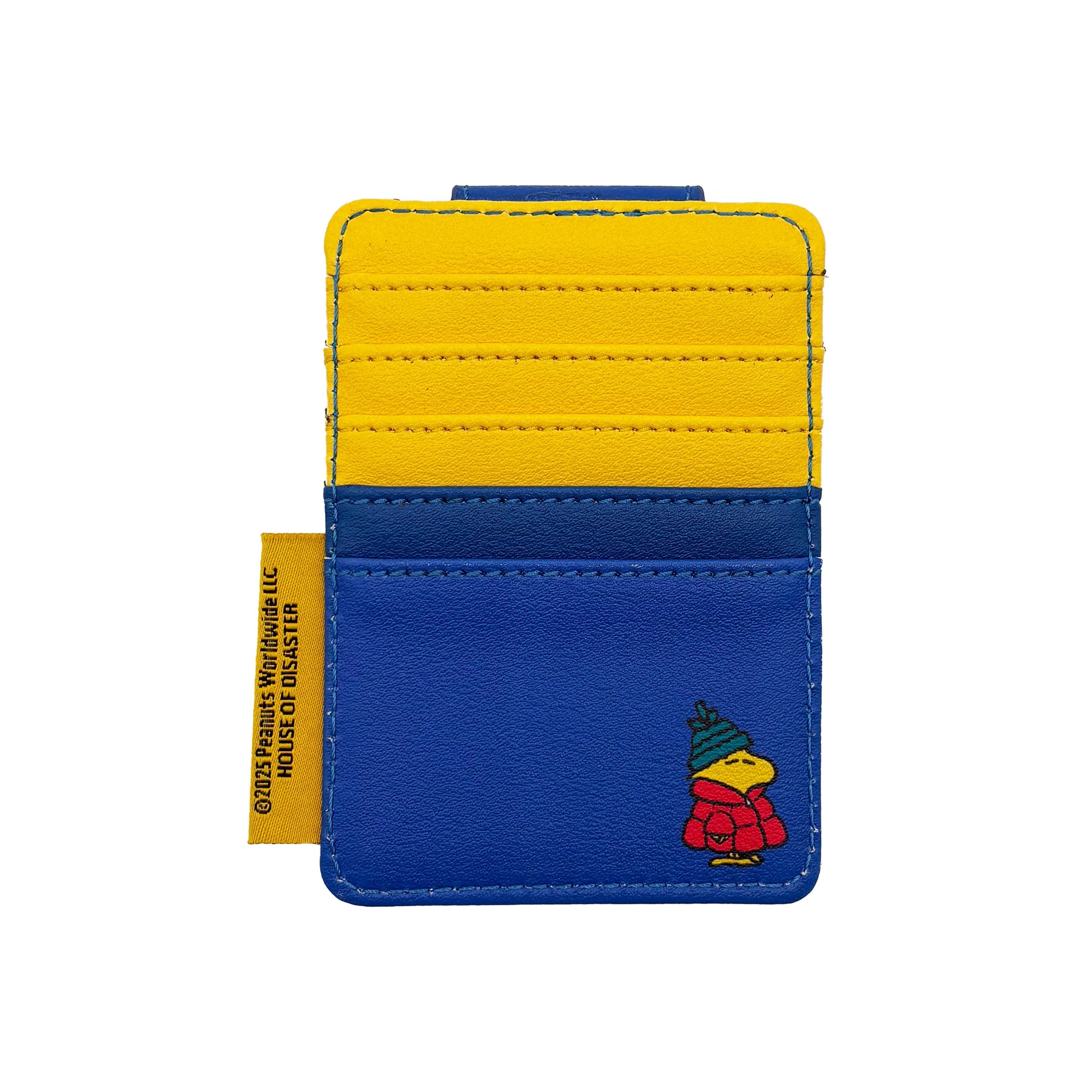 Studio image of the back of Peanuts Coat Foldover Card Holder with Woodstock illustration and yellow stitching detail.