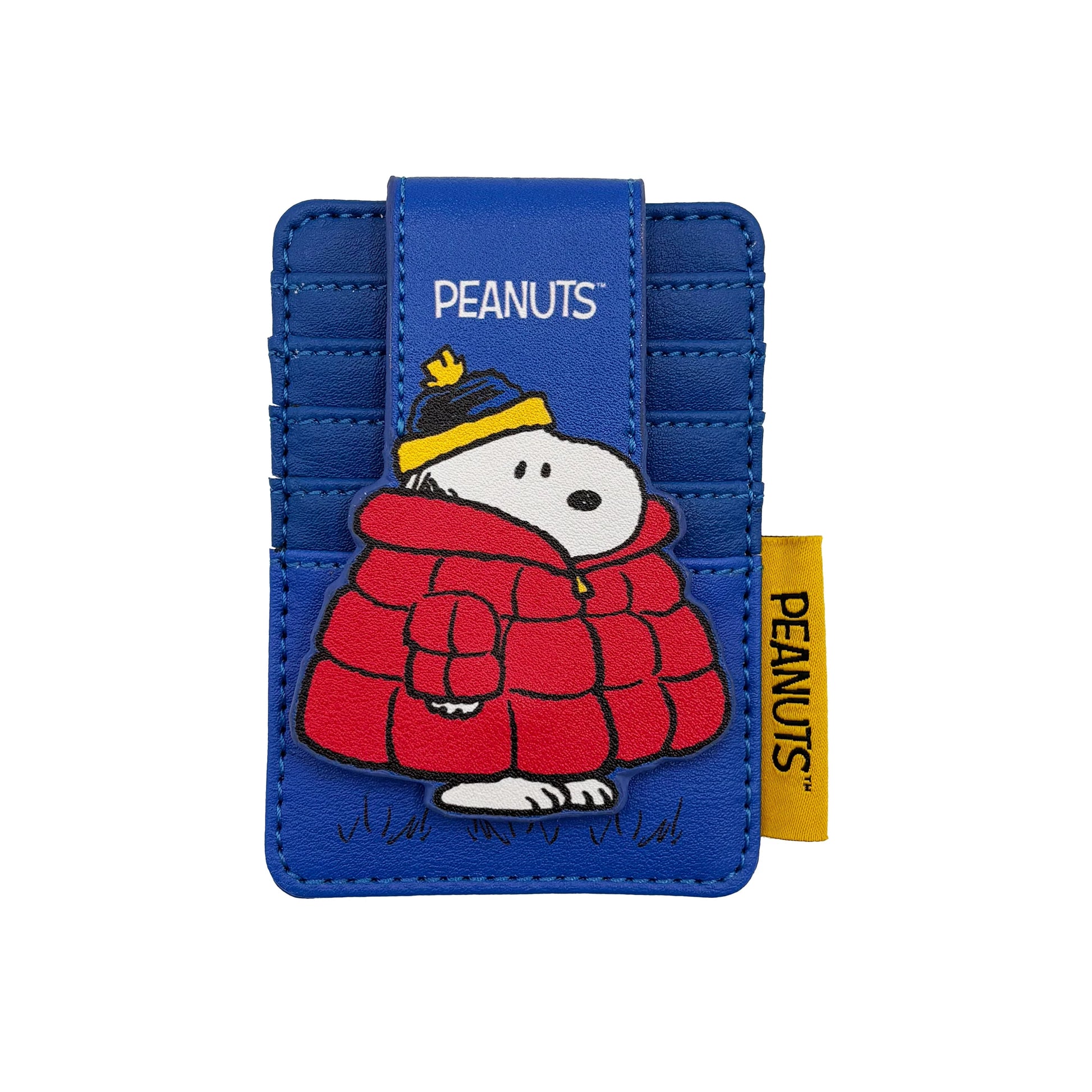 Front studio image of Peanuts Snoopy Coat Foldover Card Holder with Snoopy in red coat and yellow hat on blue PU leather.