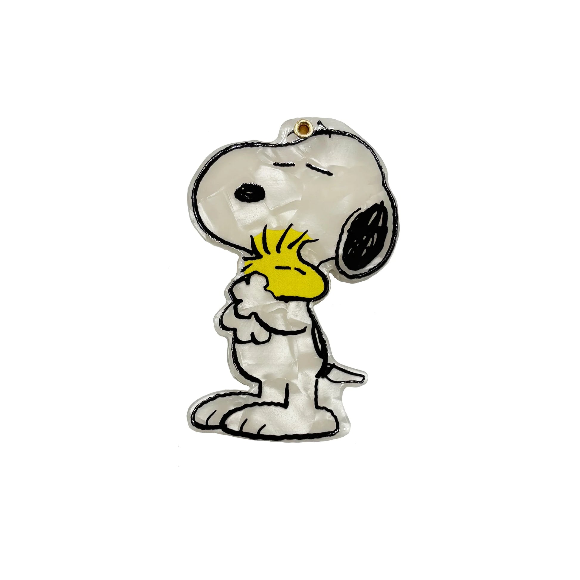 Peanuts Snoopy hugging Woodstock compact mirror front view.