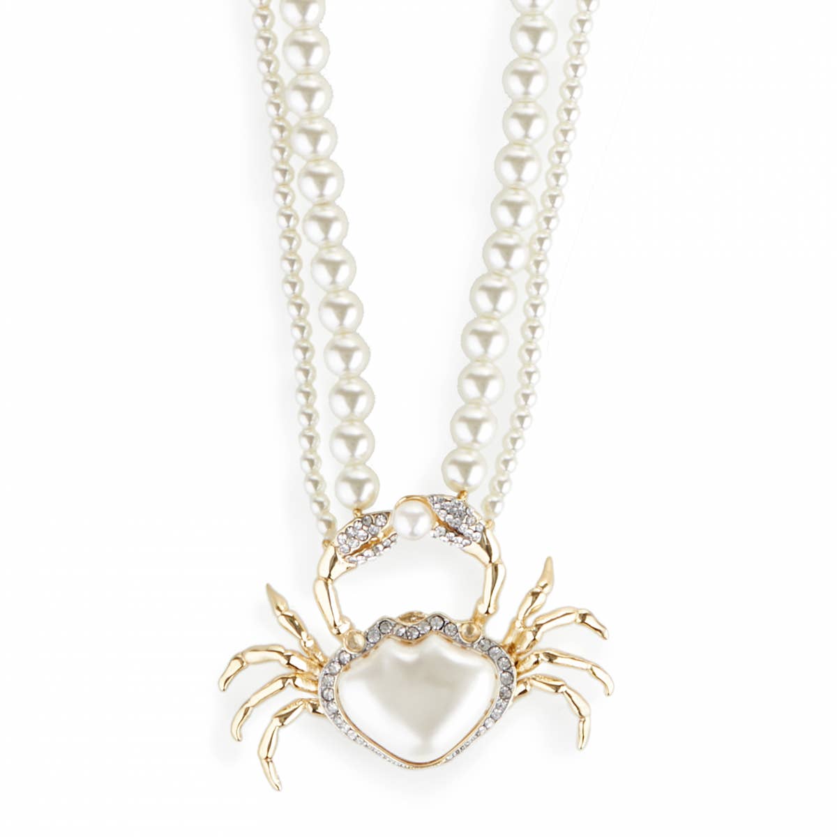Detailed image of Bill Skinner Pearly Crab Necklace showing crystal-embellished claws and lustrous pearl body.