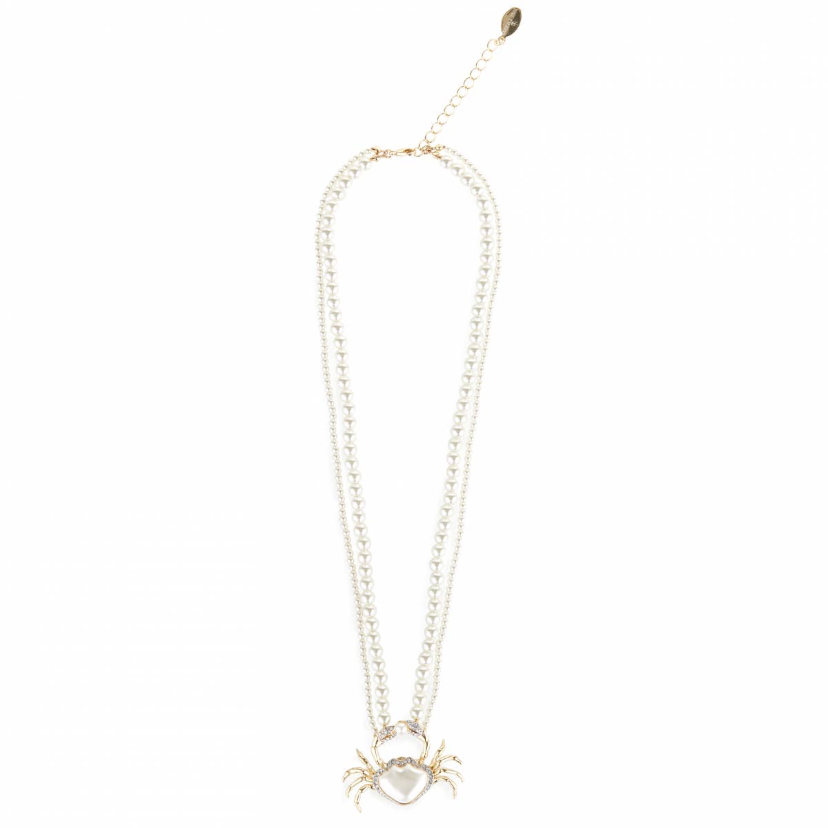 Full view of Pearly Crab Necklace by Bill Skinner with double strand of simulated pearls and gold-plated crab pendant.