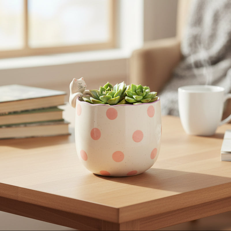 Cream ceramic planter with peeking cat design on white background